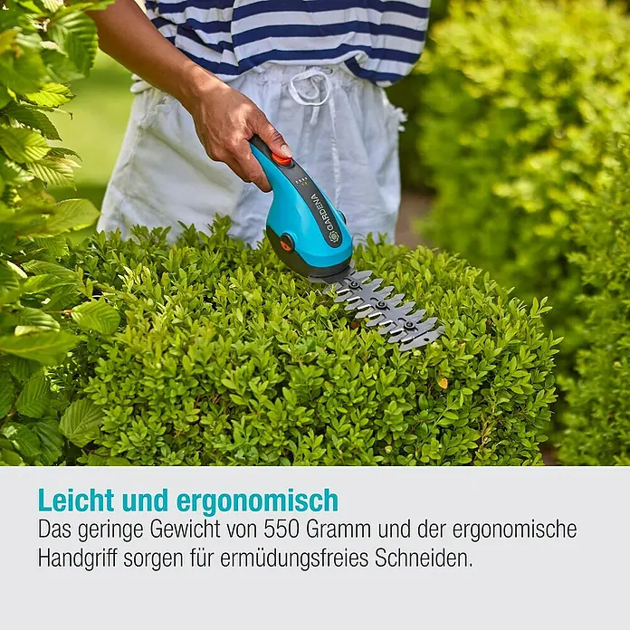 Gardena ClassicCut Akku-Gras- & Strauchschere Li - 3,6 V, Li-Ionen, 1 Akku, Schwertbreite: 8 cm - Eine Person schneidet mit einer Gardena Akku-Grasschere einen Buchsbaum.