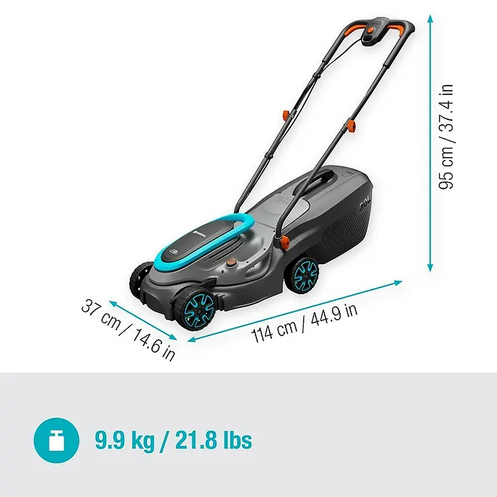 Gardena Power for All 18V Akku-Rasenmäher PowerMax 32/18V - 18 V, Ohne Akku, Schnittbreite: 32 cm - Bild einer Gardena Akku-Rasenmäher mit den Maßen 37 x 114 x 95 cm und einem Gewicht von 9,9 kg.