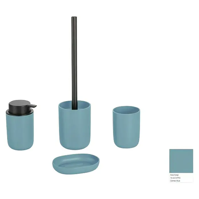 Set de accesorios de baño Today 1 - Plástico, Azul, 4 pzs. - El juego de accesorios de baño azul incluye dispensador de jabón, vaso, jabonera y escobilla para un baño elegante.