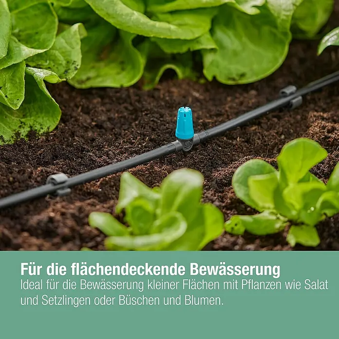 Gardena Micro-Drip Kleinflächendüse - 3/16" x 4,6 mm, 10 Stk. - Nahaufnahme eines Bewässerungssystems im Gartenbeet, ideal für Salat und Blumen.