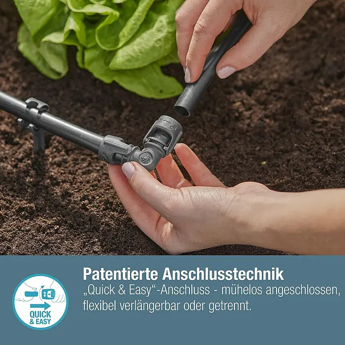 Gardena Micro-Drip Verbinder - Passend für: Gardena Verlegerohre, 1/2" x 13 mm, 3 Stk. - Detailaufnahme eines „Quick & Easy“-Anschlusses für ein Bewässerungssystem, der von Händen zusammengefügt wird.