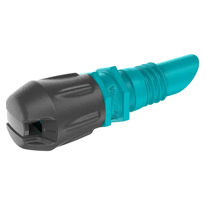 Gardena Micro-Drip Streifendüse - 5 Stk., Wurfweite: 5,5 m - Nahaufnahme eines Gardena-Schlauchstücks in Grau und Türkis, das für eine sichere und schnelle Verbindung von Gartenschläuchen sorgt.