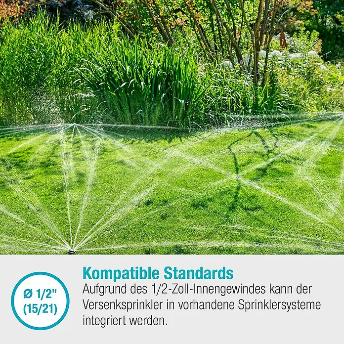 Gardena Sprinklersystem Turbinenversenkregner MD40 - Max. Regnerfläche: 40 m², Rasenbewässerung - Rasensprenger im Einsatz. Kompatible Standards mit 1/2-Zoll-Innengewinde zur Integration in bestehende Sprinklersysteme.
