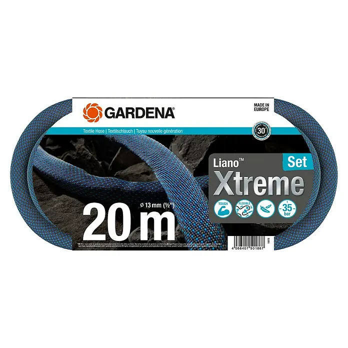 Gardena Gartenschlauch Liano Xtreme Set - 20 m, Schlauchdurchmesser: 13 mm - Das Gardena Liano™ Xtreme 20m Set: Textile Hose der neuen Generation, robust, flexibel und druckbeständig bis zu 35 bar für den anspruchsvollen Einsatz.