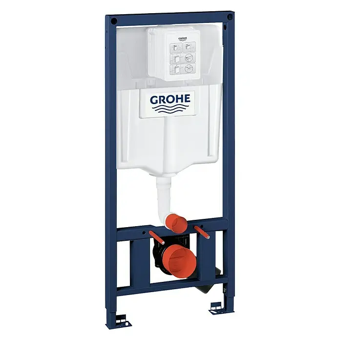 Grohe Rapid SL WC-Vorwandelement - 16,5 x 50 x 113 cm, Mit senkrechten Drucktraversen, Pulverbeschichtet - Ein Vorwandelement von Grohe für eine Toilette. Das Element ist blau und hat einen weißen Spülkasten mit dem Grohe Logo.