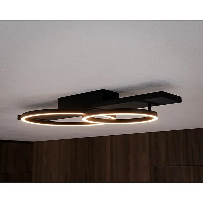 Eglo Boyal LED-Deckenleuchte - 24 W, 78 x 40 x 9 cm, Schwarz/Nickel-matt, Warmweiß, Anzahl Leuchtmittel: 2 Stk. - Moderne Deckenleuchte mit zwei ineinandergreifenden Ringen, die ein warmes, einladendes Licht ausstrahlen und für eine stilvolle Atmosphäre sorgt.