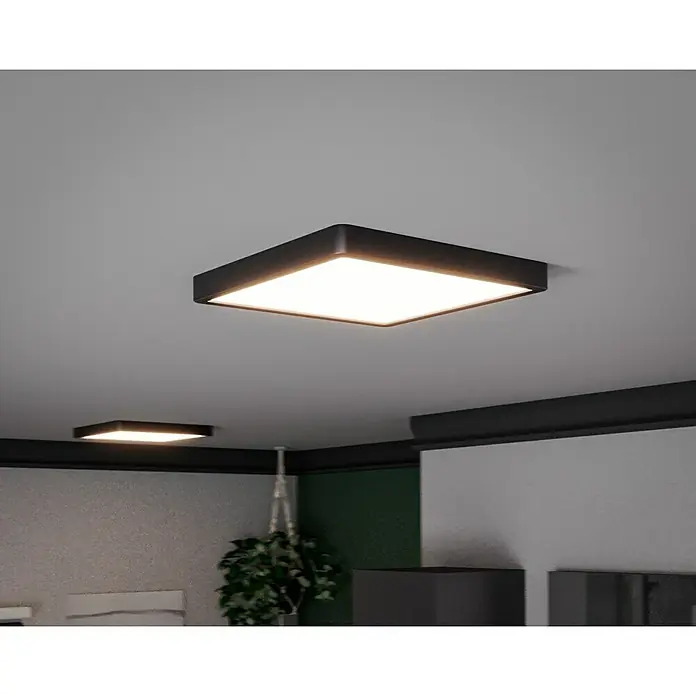 Eglo Fueva 5 LED-Deckenleuchte IP44 - 20 W, L x B x H: 28,5 x 28,5 x 2,8 cm, Schwarz, Weiß, Warmweiß - Moderne quadratische Deckenleuchte mit warmweissem Licht für eine stilvolle Beleuchtung in jedem Raum.