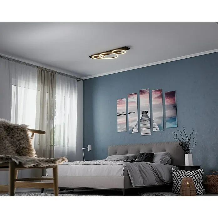 Eglo Boyal LED-Deckenleuchte - 12 W, 101 x 40 x 9,5 cm, Schwarz/Nickel-matt, Warmweiß, Anzahl Leuchtmittel: 3 Stk. - Moderne Deckenleuchte mit kreisförmigem Design in einem Schlafzimmer. Elegante Beleuchtung für ein stilvolles Ambiente.
