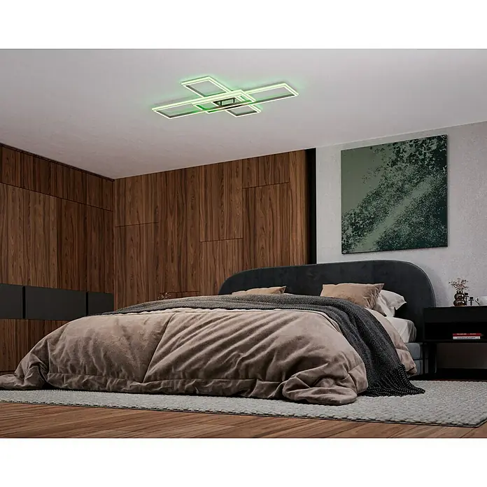 Just Light Felix LED-Deckenleuchte - 50 W, L x B x H: 105 x 71 x 6 cm, Stahl, RGBW - Ein modernes Schlafzimmer mit einem stilvollen Deckenlicht. Das Lichtdesign ist auffällig und die Beleuchtung schafft eine angenehme Atmosphäre.