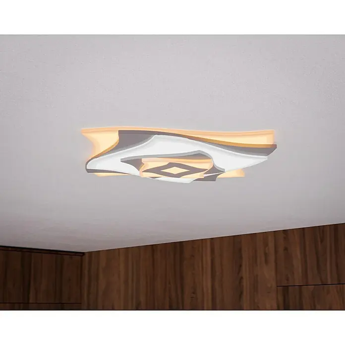 Trio Leuchten LED-Deckenleuchte AKITA - 56 W, L x B x H: 48 x 48 x 5,5 cm, Weiß-matt, Mehrfarbig - Moderne Deckenleuchte mit geschwungenem Design in Weiß, Grau und Gelb, die eine warme und einladende Atmosphäre schafft.