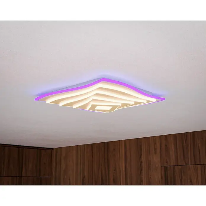 Fischer & Honsel LED-Deckenleuchte Hero - 50 W, L x B x H: 50 x 50 x 7,6 cm, Weiß, Mehrfarbig - Moderne LED-Deckenleuchte mit geschwungenem Design und violetter Umrandung, die ein stilvolles Ambiente erzeugt.