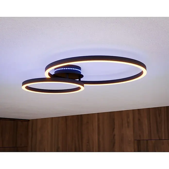 Eglo LED-Deckenleuchte PALMAVES 3 - 12 W, L x B x H: 55 x 39 x 8,9 cm, Schwarz, RGBW - Moderne LED-Deckenleuchte mit zwei Ringen und blauen Akzenten. Stilvolle Beleuchtung für ein modernes Zuhause.