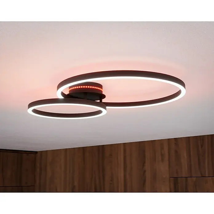Eglo LED-Deckenleuchte PALMAVES 3 - 12 W, L x B x H: 55 x 39 x 8,9 cm, Schwarz, RGBW - Moderne LED-Deckenleuchte mit zwei Ringen und roter Akzentbeleuchtung, ideal für stilvolle Innenräume.