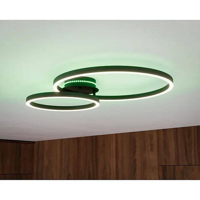 Eglo LED-Deckenleuchte PALMAVES 3 - 12 W, L x B x H: 55 x 39 x 8,9 cm, Schwarz, RGBW - Moderne LED-Deckenleuchte mit zwei Ringen und grüner Akzentbeleuchtung, die ein stilvolles Ambiente schafft.