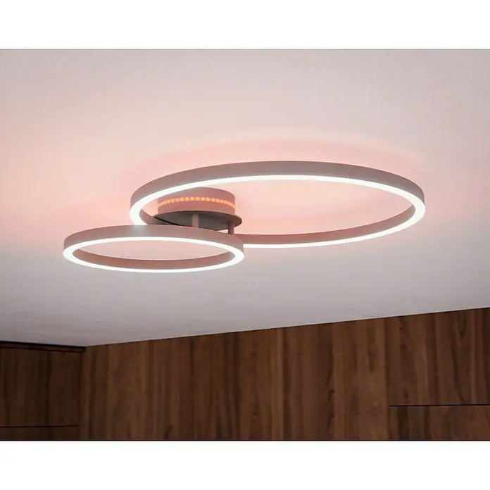 Eglo LED-Deckenleuchte PALMAVES 3 - 12 W, L x B x H: 55 x 39 x 8,9 cm, Nickel-matt, RGBW - Moderne Deckenleuchte mit zwei ineinandergreifenden Ringen, die ein warmes, einladendes Licht verbreiten. Perfekt für stilvolle Innenräume.