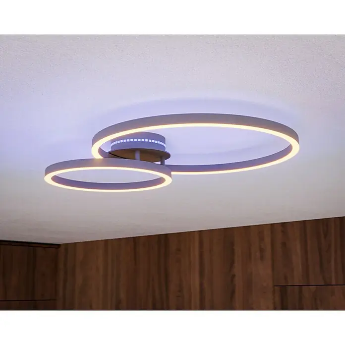 Eglo LED-Deckenleuchte PALMAVES 3 - 12 W, L x B x H: 55 x 39 x 8,9 cm, Nickel-matt, RGBW - Eine moderne Deckenleuchte mit zwei ineinander verschlungenen Ringen, die ein warmes Licht abgeben und für ein stilvolles Ambiente sorgen.