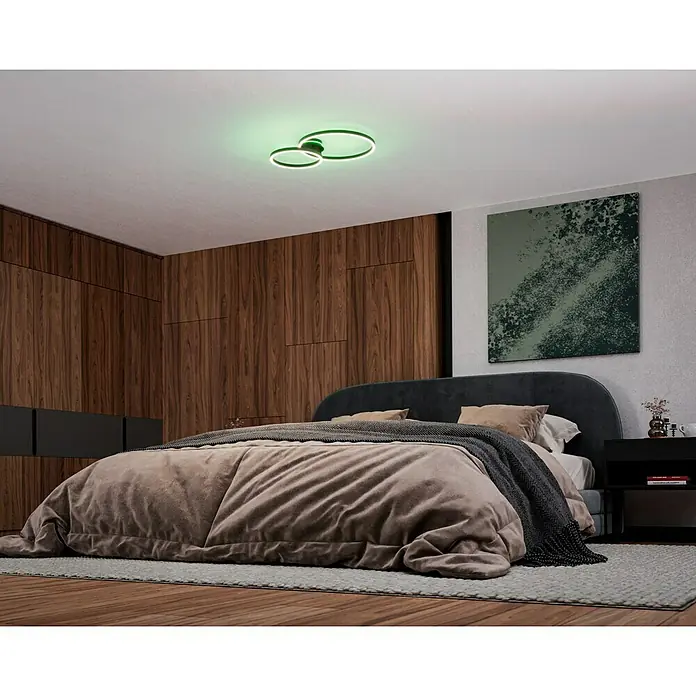 Eglo LED-Deckenleuchte PALMAVES 3 - 12 W, L x B x H: 55 x 39 x 8,9 cm, Schwarz, RGBW - Moderne Schlafzimmerleuchte mit zwei grünen Ringen. Die LED-Deckenleuchte sorgt für angenehmes Licht im Schlafzimmer.