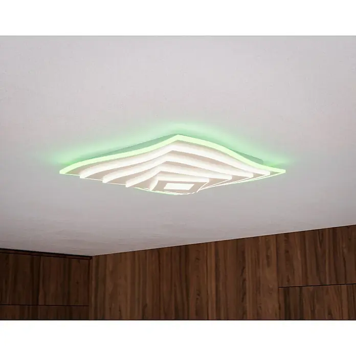 Fischer & Honsel LED-Deckenleuchte Hero - 50 W, L x B x H: 50 x 50 x 7,6 cm, Weiß, Mehrfarbig - Diese Deckenleuchte verfügt über ein einzigartiges, mehrschichtiges Design mit grüner Akzentbeleuchtung, perfekt für moderne Räume.