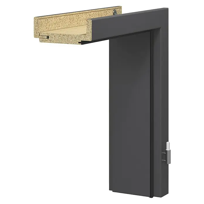 GetaDoor Getalit Türzarge A1 - 860 x 1.985 mm, Wandstärke: 270 mm, DIN Anschlag: Rechts, Schwarz - Detailaufnahme einer Innentür mit Zarge, die die Konstruktion und die graue Farbgebung des Produkts hervorhebt.