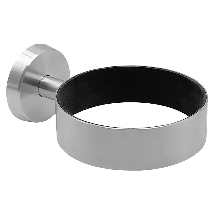 Camargue Paris Fönhalter - Edelstahl, Matt, Durchmesser: 10,2 cm - Nahaufnahme eines eleganten, runden Seifenhalters aus gebürstetem Metall mit dunkler Innenfläche, der an der Wand montiert wird.