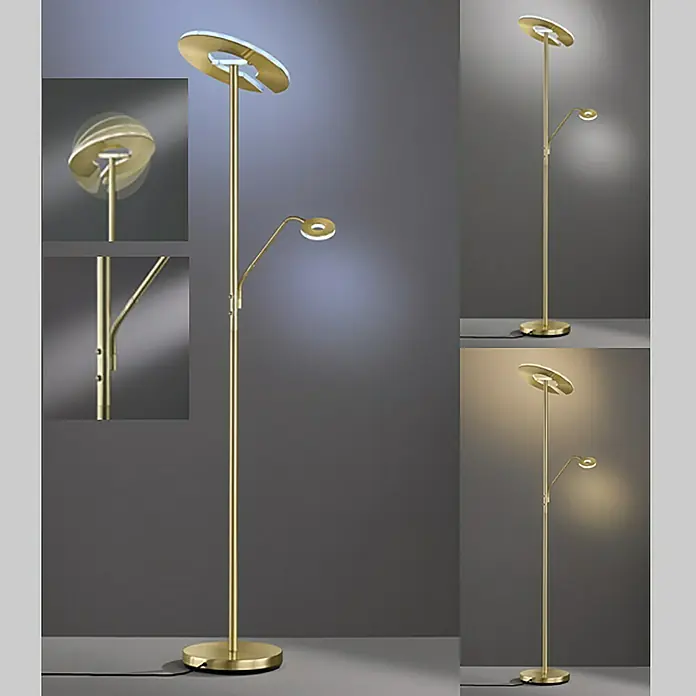 Fischer & Honsel Dent LED-Stehleuchte - 45 W, Höhe: 180 cm, Messing, Mehrfarbig, 2 Stk. - Elegante Stehlampe mit zwei Leuchten in Goldoptik. Das moderne Design mit runden Lampenschirmen sorgt für stilvolle Beleuchtung in jedem Raum.