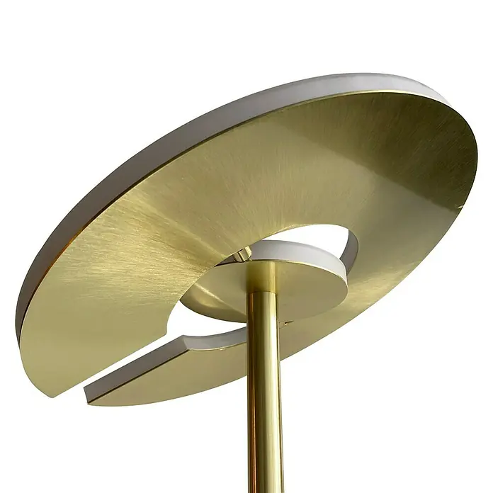 Fischer & Honsel Dent LED-Stehleuchte - 45 W, Höhe: 180 cm, Messing, Mehrfarbig, 2 Stk. - Naheaufnahme einer eleganten goldenen Stehlampe mit einzigartigem, scheibenförmigem Design.