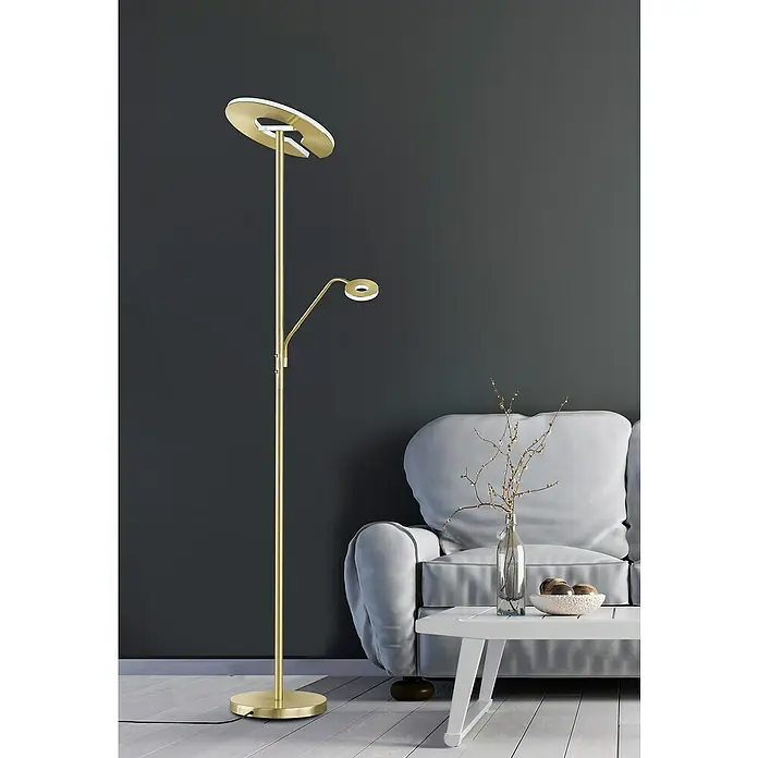 Fischer & Honsel Dent LED-Stehleuchte - 45 W, Höhe: 180 cm, Messing, Mehrfarbig, 2 Stk. - Stehlampe mit goldenem Finish und zwei Leuchten in einem modernen Wohnzimmer, ideal für gemütliche Abende.