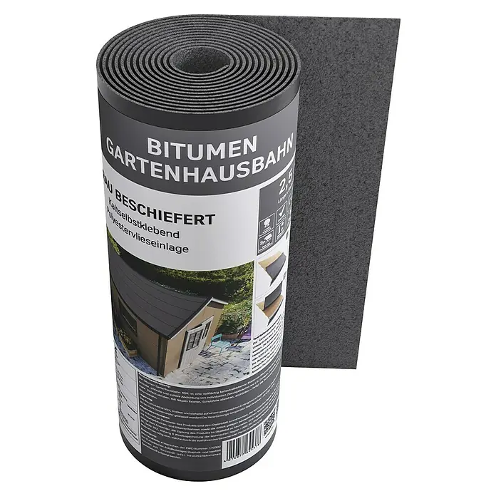 Bitumendachbahn KSK - Grau, 5 x 0,5 m, Selbstklebend, Rechteckig - Eine Rolle Bitumen Gartenhausbahn zur Abdichtung von Gartenhäusern, selbstklebend und mit Polyestervlieseinlage für dauerhaften Schutz.