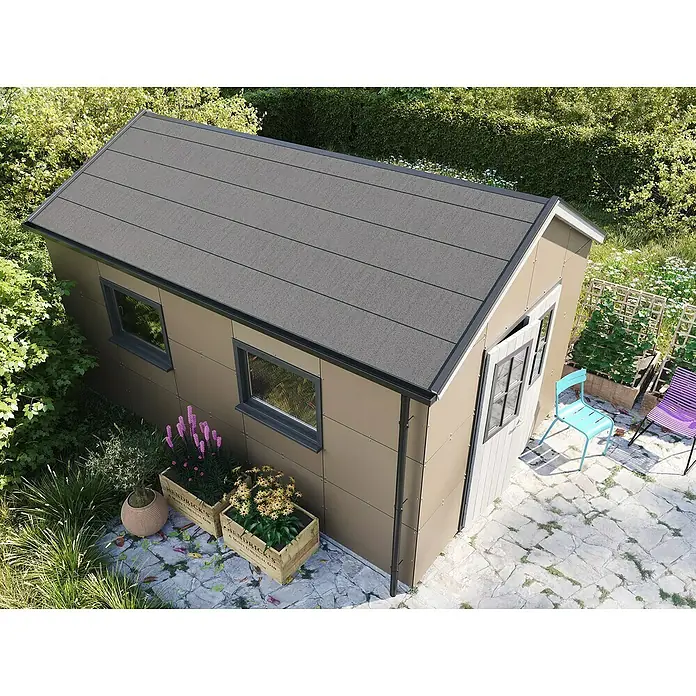 Bitumendachbahn KSK - Grau, 5 x 0,5 m, Selbstklebend, Rechteckig - Gartenhaus mit Flachdach und bepflanzten Kästen. Das moderne Design fügt sich perfekt in jeden Garten ein und bietet zusätzlichen Stauraum.