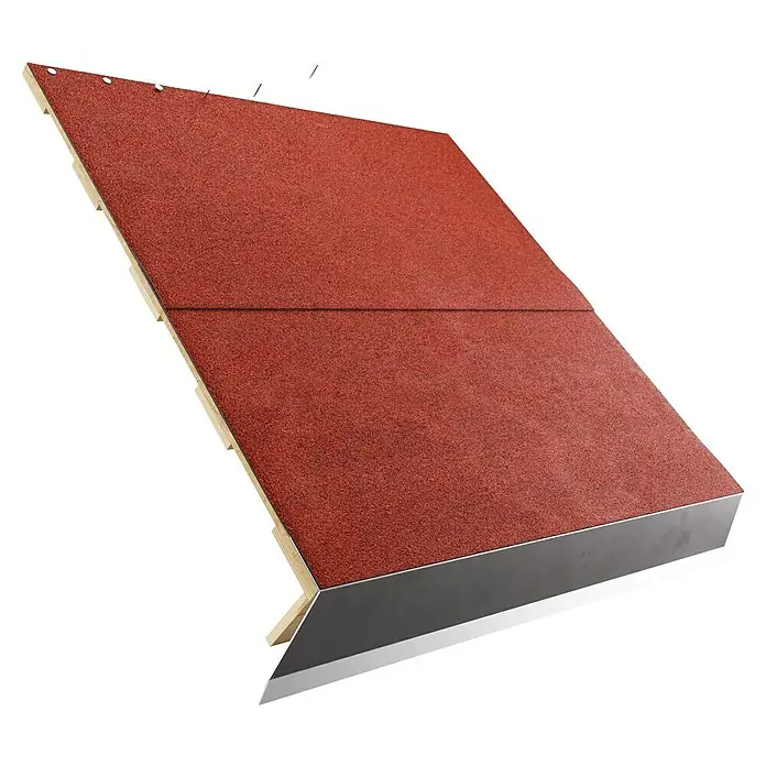 Bitumendachbahn KSK - Rot, 5 x 0,5 m, Selbstklebend, Rechteckig - Nahaufnahme eines roten Bitumendaches mit Metallabdeckung und sichtbaren Dachlatten. Das Produkt zeichnet sich durch seine Materialqualität aus.
