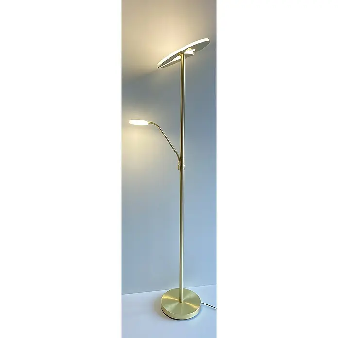 Fischer & Honsel Dent LED-Stehleuchte - 45 W, Höhe: 180 cm, Messing, Mehrfarbig, 2 Stk. - Stehleuchte mit zwei Lampen, einer Scheibenlampe oben und einer Leselampe an der Seite. Die Lampe hat einen goldfarbenen Ständer und ist minimalistisch gestaltet.