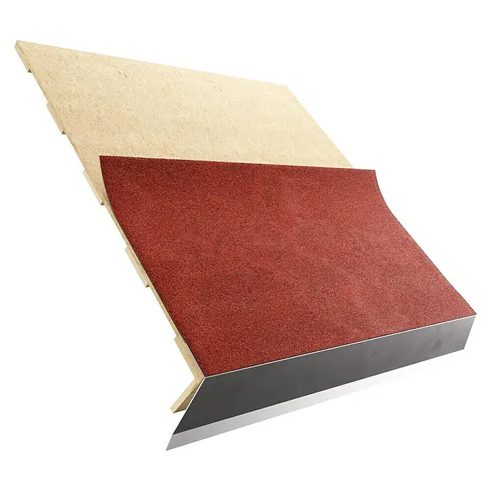 Bitumendachbahn KSK - Rot, 5 x 0,5 m, Selbstklebend, Rechteckig - Produktansicht einer modernen Dachkonstruktion mit Holzschalung, roter Abdichtung und Metallabdeckung.