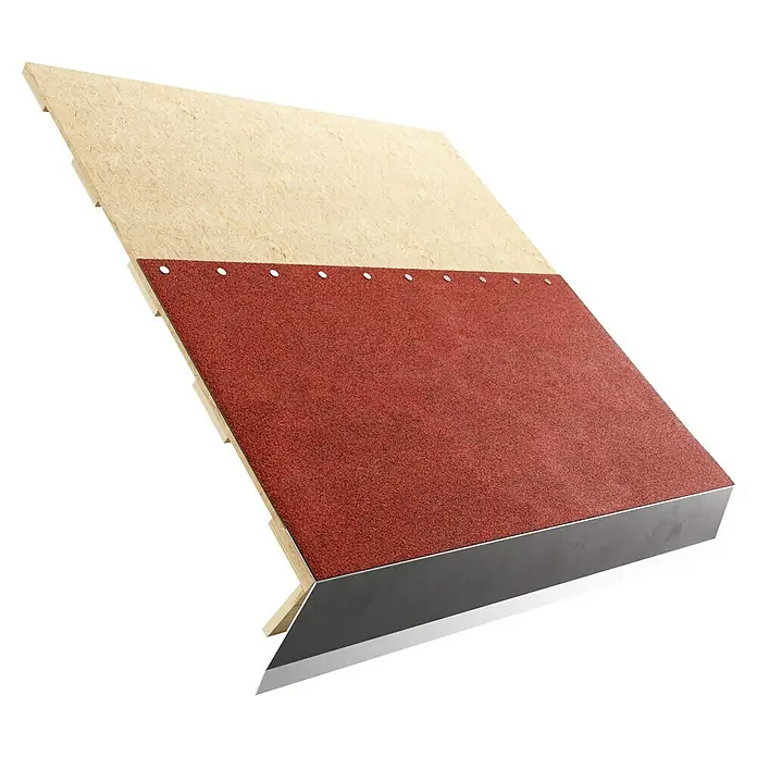 Bitumendachbahn KSK - Rot, 5 x 0,5 m, Selbstklebend, Rechteckig - Ansicht einer Dachkonstruktion mit Holzschalung, roter Abdichtung und Metalleinfassung, die eine robuste und moderne Bauweise zeigt.