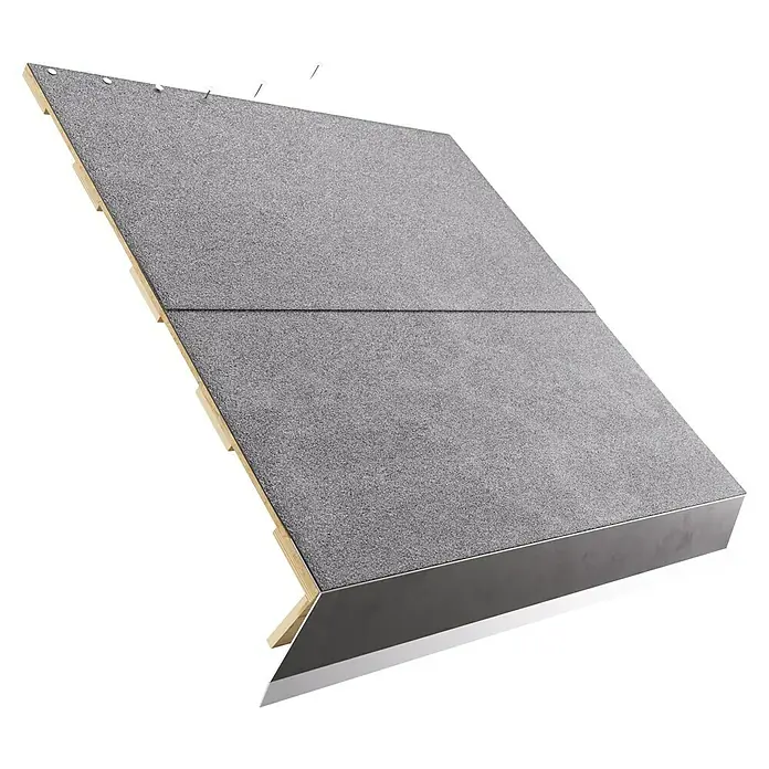 Bitumendachbahn KSK - Grau, 5 x 0,5 m, Selbstklebend, Rechteckig - Ansicht einer Dachkonstruktion mit Bitumenschindeln, inklusive Holzschalung und Metalleinfassung für zuverlässigen Schutz und moderne Optik.