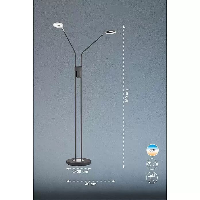 Fischer & Honsel Dent LED-Stehleuchte - 12 W, Höhe: 150 cm, Sandschwarz, Mehrfarbig, 2 Stk. - Dunkelgraue Stehleuchte mit zwei flexiblen LED-Köpfen, 150 cm hoch, 40 cm breit, dimmbar und CCT-Funktion.