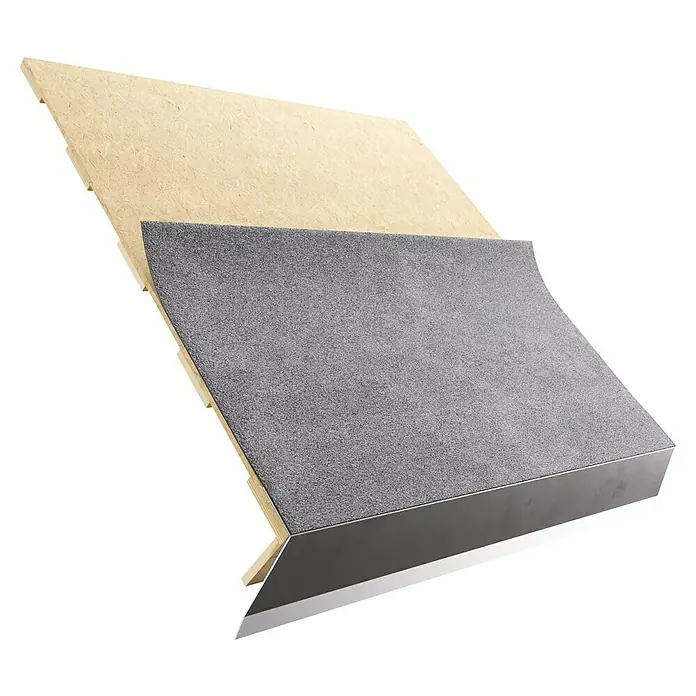 Bitumendachbahn KSK - Grau, 5 x 0,5 m, Selbstklebend, Rechteckig - Detailaufnahme eines Dachaufbaus mit Holzschalung, Bitumenabdichtung und Metalleinfassung. Ein Querschnitt zeigt die einzelnen Schichten des Daches.