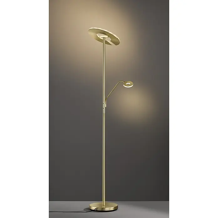 Fischer & Honsel Dent LED-Stehleuchte - 45 W, Höhe: 180 cm, Messing, Mehrfarbig, 2 Stk. - Goldene Stehleuchte mit zwei Lampen: einer runden Deckenleuchte und einem verstellbaren Leselicht. Elegantes Design für moderne Innenräume.