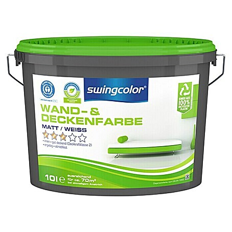 swingcolor Wandfarbe Wand- & Deckenfarbe (Weiß, 10 l, Matt, Konservierungsmittelfrei)