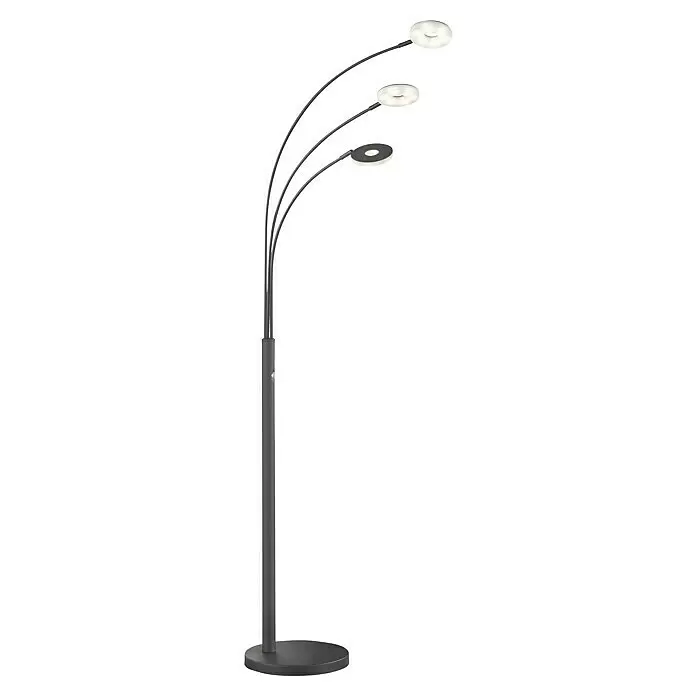 Fischer & Honsel Dent LED-Stehleuchte - 22,5 W, Höhe: 185 cm, Sandschwarz, Mehrfarbig, 3 Stk. - Dunkle Metall-Stehlampe mit drei gebogenen Armen, jeder mit einem runden, flachen Leuchtkopf; zwei leuchten, einer ist aus.