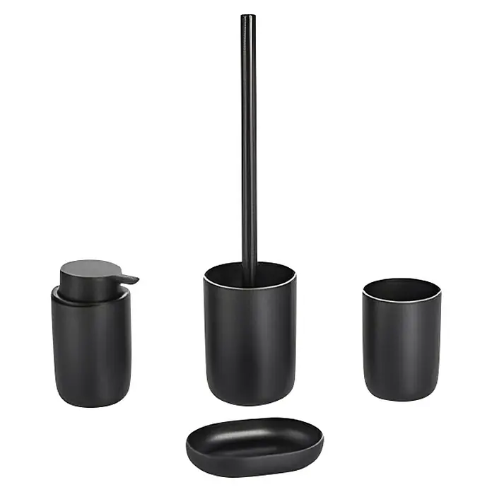 Set de accesorios de baño Today 1 - Plástico, Negro, 4 pzs. - Elegante juego de baño negro con dispensador de jabón, vaso, escobilla de baño y jabonera. Accesorios de baño para un ambiente moderno.