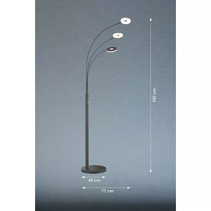 Fischer & Honsel Dent LED-Stehleuchte - 22,5 W, Höhe: 185 cm, Sandschwarz, Mehrfarbig, 3 Stk. - Anthrazitfarbene LED-Stehlampe mit drei flexiblen, ringförmigen Leuchten und rundem Fuß. Maße: 185 cm hoch, 77 cm breit, 45 cm Fußdurchmesser.