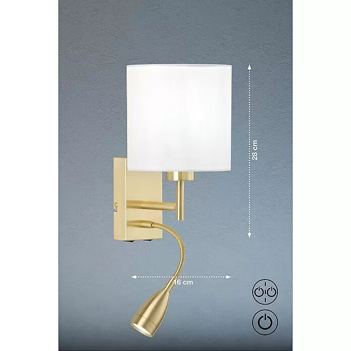 Fischer & Honsel Wandleuchte Dreamer - 44 W, L x B x H: 26 x 16 x 28 cm, Messing, Weiß, E27, 2 Stk., Mit Lesearm - Goldene Wandleuchte mit weißem Stoffschirm und flexibler LED-Leselampe.