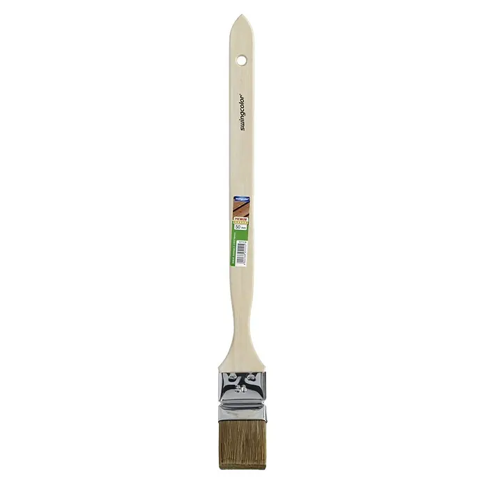 swingcolor Premium Heizkörperpinsel Lasur - Breite Borsten: 50 mm, Hollestermischung, Naturholz - Abbildung eines Swingcolor Premium 50mm Flächenstreichers mit hellem Holzgriff und silberner Zwinge mit braunen Borsten.
