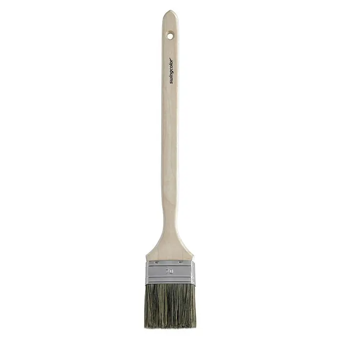 swingcolor Premium Fassadenstreicher - Breite Borsten: 70 mm, Mischborsten, Naturholz - Detailaufnahme eines Swingcolor-Flachpinsels mit hellem Holzgriff und silberfarbener Zwinge, ideal für präzise Anstriche.