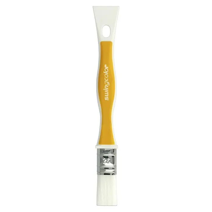 swingcolor Komfort Flachpinsel Lack Ergo - Breite Borsten: 25 mm, All-in-one-Borsten, Kunststoff - Nahaufnahme eines Swingcolor-Pinsels mit gelbem Griff, der für präzise Farbaufträge entwickelt wurde. Ideal für detaillierte Malerarbeiten.