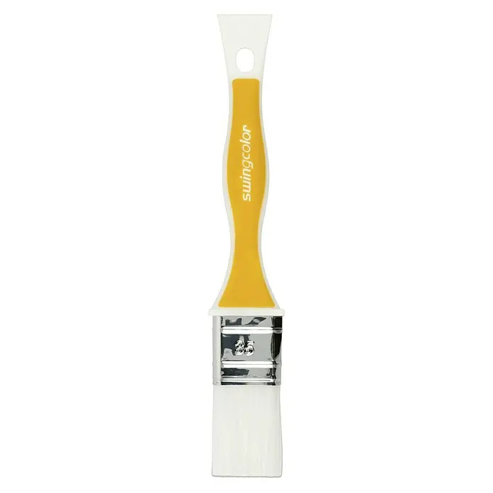 swingcolor Komfort Flachpinsel Lack Ergo - Breite Borsten: 35 mm, All-in-one-Borsten, Kunststoff - Ein Pinsel mit gelbem Griff und weißen Borsten. Ideal für präzise Farbaufträge und feine Malerarbeiten im Innen- und Außenbereich.