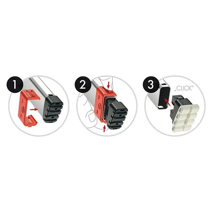 Hailo Wechselfuß-Set Easy Clix Living L - Passend für: Hailo Stufenstehleitern (ab Baujahr 2015) - Bild einer schrittweisen Anleitung zur Montage eines Möbelstücks. Der Fokus liegt auf dem Verbindungselement und dem Montageprozess.