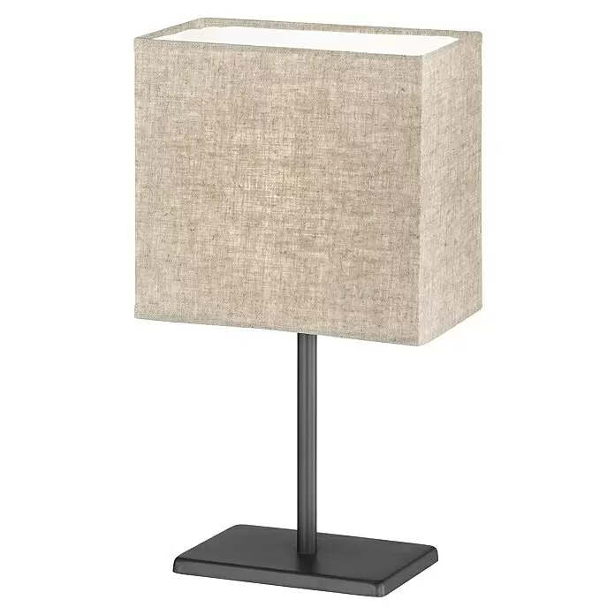 FHL easy Tischleuchte Kate - 25 W, L x B x H: 17 x 10 x 30 cm, Sand/Sandschwarz, Sand, E14 - Rechteckige Tischlampe mit einem Lampenschirm aus Naturleinen und einem dunklen Metallsockel.