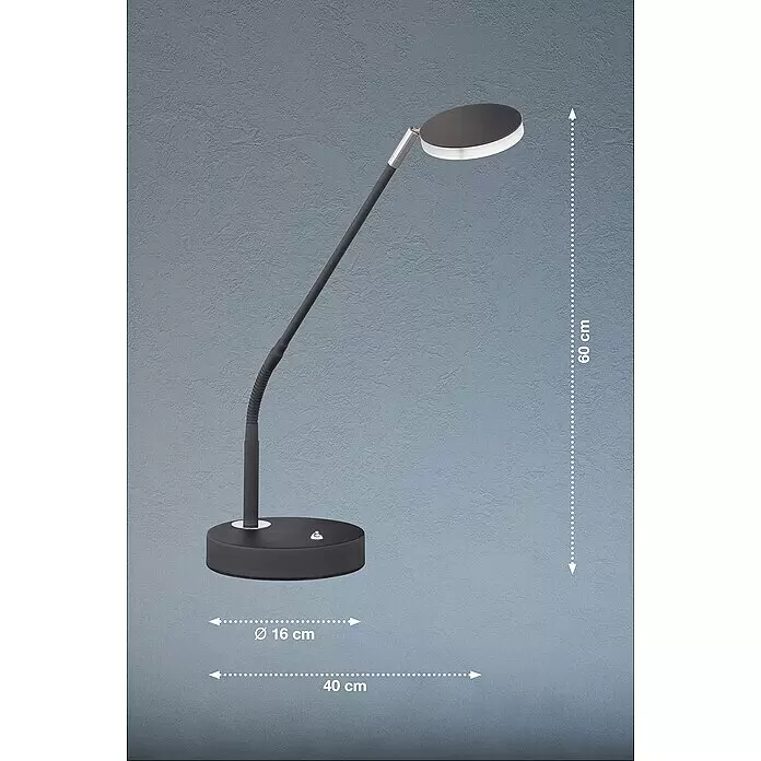 FHL easy Luna LED-Tischleuchte - 6 W, L x B x H: 16 x 16 x 60 cm, Sandschwarz, Mehrfarbig - Schwarze LED-Schreibtischlampe mit flexiblem Arm, rundem Kopf & Touch-Steuerung. H: 60cm, Basis Ø 16cm, T: 40cm.