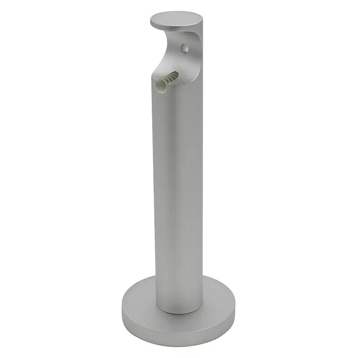 Expo Ambiente Träger Function - Aluminium, Geeignet für: Gardinenstangen Ø 20 mm, 13,1 cm - Nahaufnahme einer Gardinenstangenhalterung aus silberfarbenem Metall mit Schraube und kreisförmigem Sockel.